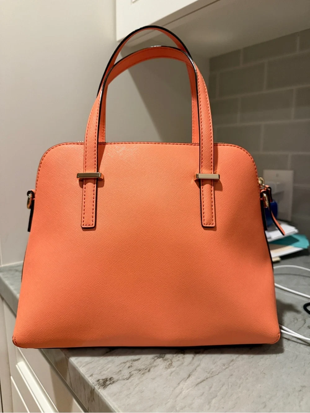 kate spade Coral Orange Saffiano Satchel with Detachable Strap